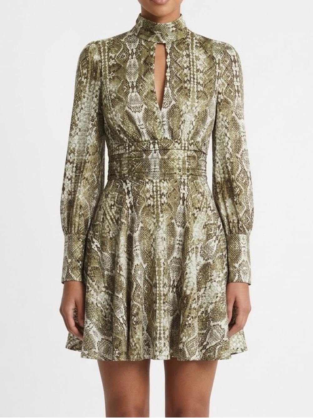 WAYF brown & cream Snake-Print Long Sleeve Keyhole Dress